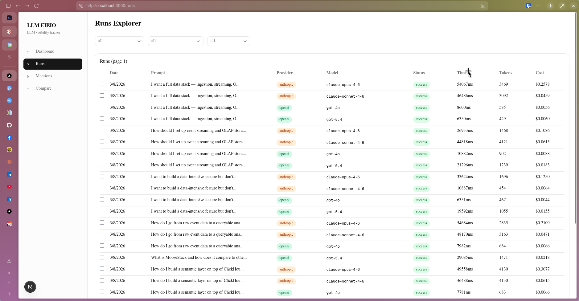 Runs Explorer showing prompt runs across Anthropic and OpenAI models